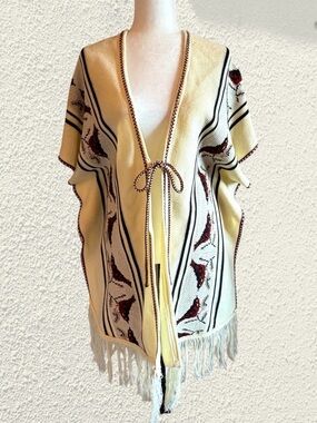 Vintage Cream Fringe knit Poncho with Bird details